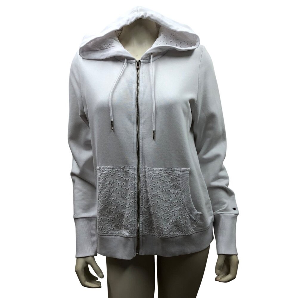 Tommy‎ Hilfiger $79 Womens White Eyelet Detail Zip-Up Hoodie Jacket MD NWT